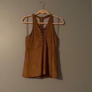 Brown Faux Suede Criss Cross Deep V tank top from Express with zipper back